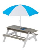 Ginger Home Set masuta de gradina si bancute pentru copii GriAlb 3in1 din lemn Umbrela cu protectie UV si inaltime ajustabila Masuta cu spatiu de depozitare