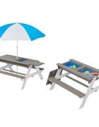 Ginger Home Set masuta de gradina si bancute pentru copii GriAlb 3in1 din lemn Umbrela cu protectie UV si inaltime ajustabila Masuta cu spatiu de depozitare