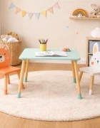 Ginger Home Set masuta si 2 scaunele cu spatar pentru copii Bear and Bunny din lemn margini rotunjitepotrivit pentru activitatiteme gradinita after school greutate suportata 40kg
