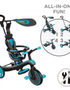 Globber Tricicleta pentru copii Explorer 4 in 1 Turquoise cu control parental de la 10 luni parasolar anti UV ajustabil suport de picioare detasabil scaun ajustabil pe inaltime
