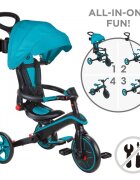 Globber Tricicleta pentru copii Explorer Turquoise 4 in 1 pliabila maner pentru controlul directiei scaun ajustabil pe inaltime suport pentru picioare roti din cauciuc Eva sistem roata libera de la 10 luni