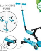 Globber Trotineta pentru copii Go-Up Active Eco Blue 3 in 1 rotire 360 ghidon reglabil scaun maner parinte roti cu Led greutate admisa 50 kg