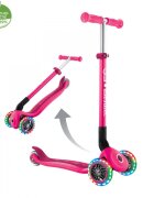 Globber Trotineta Primo roz cu 3 roti LED pliabila ghidon reglabil platforma antialunecare greutate suportata 50 kg varsta 3 ani+