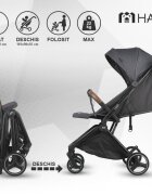 Hapi Carucior pentru copii Marlin Petrol Grey ultrapliabil cu pliere automata copertina cu protectie UV spatar reglabil pozitie verticala dupa pliere certificat pana la 22 kg