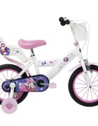 Huffy Bicicleta copii Minnie 14 inch roti ajutatoare si cosulet pentru copii cu varsta intre 4 si 6 ani sau cu inaltimea pana la 110 cm frana de mana pe ambele roti anvelope cu profil gros scaun reglabil
