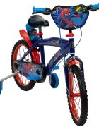 Huffy Bicicleta copii Spiderman 21804W 16 inch cu roti ajutatoare si sticluta de apa cu suport frana de mana pe ambele roti scaun si ghidon reglabile scut frontal anvelope cu profil gros