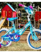 Huffy Bicicleta fetite Frozen Mov 16 inch cu gentuta si roti ajutatoare varsta 5-7 ani inaltimea 112-127 cm scaun si ghidon reglabile pe inaltime frana de mana pe ambele roti