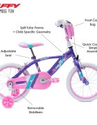 Huffy Bicicleta fetite Glimmer Violet 16 inch cu gentuta pentru ghidon varsta 5-7 ani inaltimea 112-127 cm scaun si ghidon reglabile pe inaltime frana de mana pe ambele roti anvelope cu profil gros