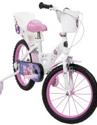 Huffy Bicicleta pentru copii Minnie 16 inch cu roti ajutatoare si cosulet frana de mana pe ambele roti scaun si ghidon reglabile pe inaltime scaun pentru papusa in spate varsta 4-6 ani