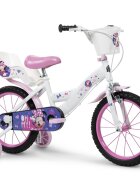 Huffy Bicicleta pentru copii Minnie 16 inch cu roti ajutatoare si cosulet frana de mana pe ambele roti scaun si ghidon reglabile pe inaltime scaun pentru papusa in spate varsta 4-6 ani