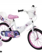 Huffy Bicicleta pentru copii Minnie 16 inch cu roti ajutatoare si cosulet frana de mana pe ambele roti scaun si ghidon reglabile pe inaltime scaun pentru papusa in spate varsta 4-6 ani