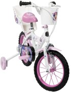 Huffy Bicicleta pentru copii Minnie 16 inch cu roti ajutatoare si cosulet frana de mana pe ambele roti scaun si ghidon reglabile pe inaltime scaun pentru papusa in spate varsta 4-6 ani