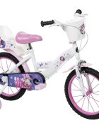 Huffy Bicicleta pentru copii Minnie 16 inch cu roti ajutatoare si cosulet frana de mana pe ambele roti scaun si ghidon reglabile pe inaltime scaun pentru papusa in spate varsta 4-6 ani
