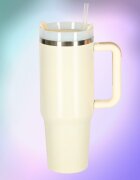Ikonka Cana termica portabila design modern cu maner din otel inoxidabil cu pereti dublii pai inclus capacitate 1200 ml culoare Cream