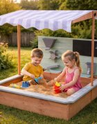 Ikonka Ladita de joaca cu nisip pentru copii Lulilo realizata din lemn de brad copertina reglabila tablita de scris robinet si moara de nisip dimensiune 120 x 120 x 120 cm