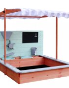 Ikonka Ladita de joaca cu nisip pentru copii Lulilo realizata din lemn de brad copertina reglabila tablita de scris robinet si moara de nisip dimensiune 120 x 120 x 120 cm