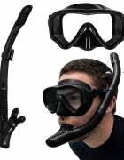 Ikonka Masca de snorkeling cu vedere 180 sticla securizata si Tub respirator cu sistem dry top anti-aburire Black