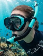 Ikonka Masca de snorkeling cu vedere 180 sticla securizata si Tub respirator cu sistem dry top anti-aburire BlueBlack