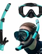 Ikonka Masca de snorkeling cu vedere 180 sticla securizata si Tub respirator cu sistem dry top anti-aburire BlueBlack