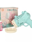 Ikonka Pistol pentru baloane de sapun Magic Wings Blue include un recipient cu lichid si un bol dimensiune 15.5 cm x 15 cm x 7.5 cm