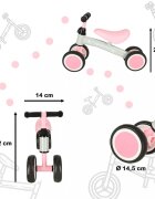 Ikonka Ride-On pentru copii Fix Tiny Roz fara pedale cu 4 roti ghidon reglabil cadru din otel Saua din spuma moale inaltime sezut 27 cm sarcina maxima admisa 30 kg