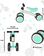 Ikonka Ride-On pentru copii Fix Tiny Verde menta fara pedale cu 4 roti ghidon reglabil cadru din otel Saua din spuma moale inaltime sezut 27 cm sarcina maxima admisa 30 kg