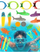 Ikonka Set 27 jucarii de inot pentru copii Water World design atractiv culori veselr si forme marine in saculet de depozitare