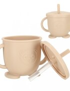 Ikonka Set 8 piese diversificare hrana bebelusi din silicon alimentar durabile si flexibile bol si farfurie cu ventuze tacamuri cana cu pai model Beige Owl