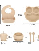 Ikonka Set 8 piese diversificare hrana bebelusi din silicon alimentar durabile si flexibile bol si farfurie cu ventuze tacamuri cana cu pai model Beige Owl