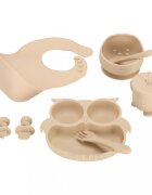 Ikonka Set 8 piese diversificare hrana bebelusi din silicon alimentar durabile si flexibile bol si farfurie cu ventuze tacamuri cana cu pai model Beige Owl