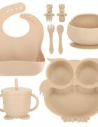 Ikonka Set 8 piese diversificare hrana bebelusi din silicon alimentar durabile si flexibile bol si farfurie cu ventuze tacamuri cana cu pai model Beige Owl