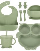 Ikonka Set 8 piese diversificare hrana bebelusi din silicon alimentar durabile si flexibile Bol si farfurie cu ventuze tacamuri Cana cu pai model Green Owl