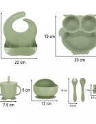 Ikonka Set 8 piese diversificare hrana bebelusi din silicon alimentar durabile si flexibile Bol si farfurie cu ventuze tacamuri Cana cu pai model Green Owl