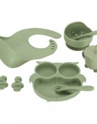 Ikonka Set 8 piese diversificare hrana bebelusi din silicon alimentar durabile si flexibile Bol si farfurie cu ventuze tacamuri Cana cu pai model Green Owl