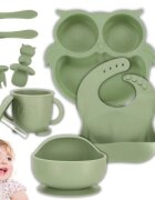 Ikonka Set 8 piese diversificare hrana bebelusi din silicon alimentar durabile si flexibile Bol si farfurie cu ventuze tacamuri Cana cu pai model Green Owl