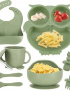 Ikonka Set 8 piese diversificare hrana bebelusi din silicon alimentar durabile si flexibile Bol si farfurie cu ventuze tacamuri Cana cu pai model Green Owl