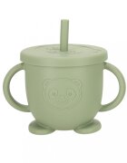 Ikonka Set 8 piese diversificare hrana bebelusi din silicon alimentar durabile si flexibile Bol si farfurie cu ventuze tacamuri Cana cu pai model Green Owl