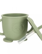 Ikonka Set 8 piese diversificare hrana bebelusi din silicon alimentar durabile si flexibile Bol si farfurie cu ventuze tacamuri Cana cu pai model Green Owl
