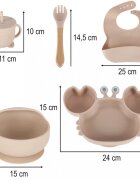 Ikonka Set complet de hranire copii cu 9 piese din silicon pentru diversificare hrana beige Crab