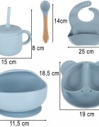 Ikonka Set complet de hranire copii pentru diversificare hrana 8 piese din silicon cu fixare in ventuze blue Teddy