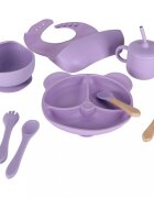 Ikonka Set complet de hranire copii pentru diversificare hrana 8 piese din silicon cu fixare in ventuze purple Teddy