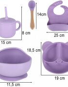 Ikonka Set complet de hranire copii pentru diversificare hrana 8 piese din silicon cu fixare in ventuze purple Teddy