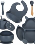 Ikonka Set diversificare hrana bebelusi cu 9 elemente din silicon flexibile fara BPA dark blue Squirrel