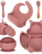 Ikonka Set diversificare hrana bebelusi cu 9 elemente din silicon flexibile fara BPA dark pink Squirrel