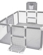 Ikonka Tarc de joaca pentru copii Grey design modern si sigur acces mare cu fermoar porti de fotbal si cos de baschet integrate dimensiune 120 x 180 cm