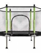 Ikonka Trambulina de gradina pentru copii BlackGreen diametru 140 cm cadru metalic solid cu plasa de siguranta si intrare cu fermoar 10 bilute multicolore incluse