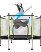 Ikonka Trambulina de gradina pentru copii BlackGreen diametru 140 cm cadru metalic solid cu plasa de siguranta si intrare cu fermoar 10 bilute multicolore incluse