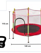 Ikonka Trambulina de gradina pentru copii RedGreen diametru 140 cm cadru metalic solid cu plasa de siguranta si intrare cu fermoar 10 bilute multicolore incluse