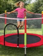 Ikonka Trambulina de gradina pentru copii RedGreen diametru 140 cm cadru metalic solid cu plasa de siguranta si intrare cu fermoar 10 bilute multicolore incluse