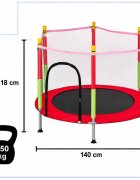 Ikonka Trambulina de gradina pentru copii RedGreen diametru 140 cm cadru metalic solid cu plasa de siguranta si intrare cu fermoar 10 bilute multicolore incluse